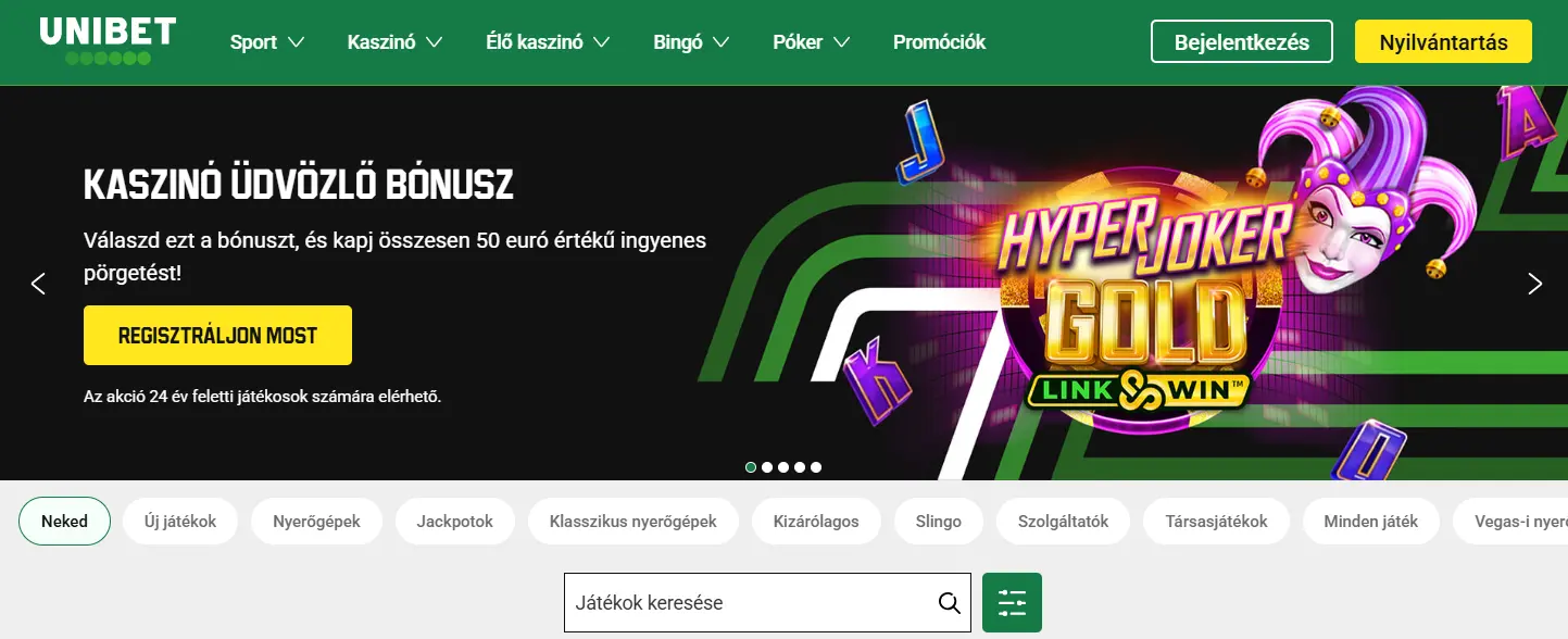 Unibet hu kezdőlap és app képernyőkép